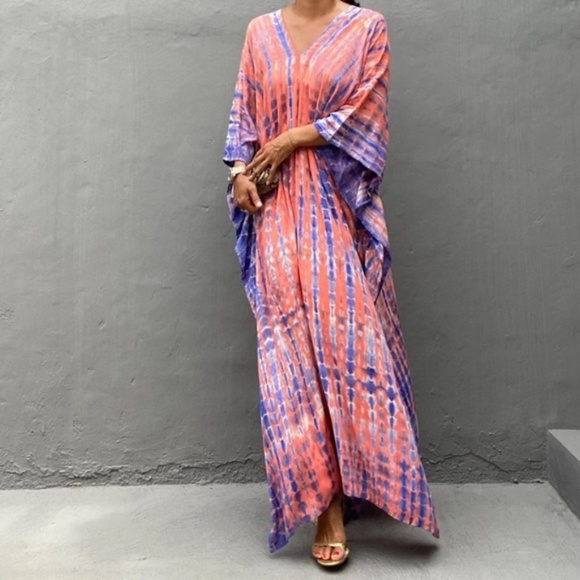 Pink Boho Tie Dye Kaftan Kimono Coverup Dress - Picture 5 of 5